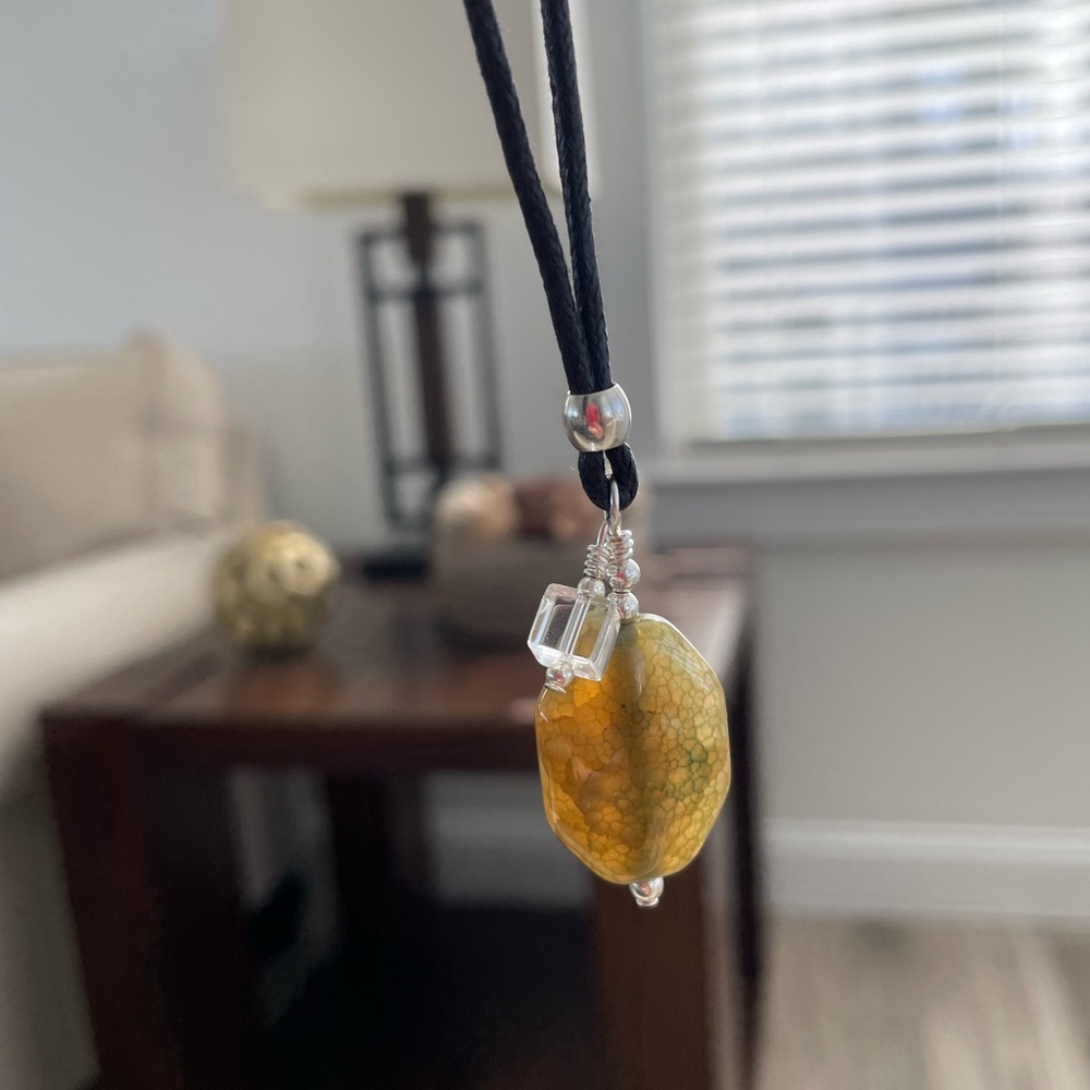 Handmade Pretty Yellowy Green Agate Pendant Necklace on 18” Cord